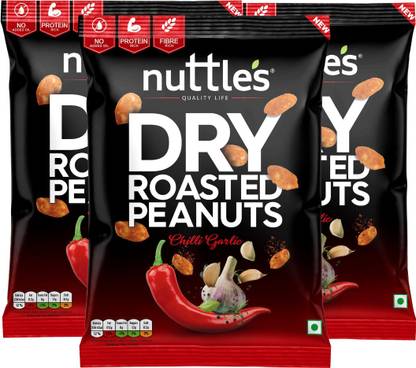 Nuttles Premium Flavoured Dry Roasted Peanuts, Pack of 3 (135gm x 3) , Flavour : Chilli Garlic (Desi Chinese)