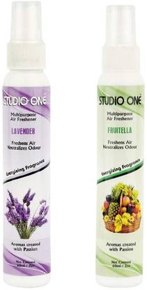 Studio One Multipurpose Air Freshener Lavender & Fruitella Enerzing fragrance Spray Multipurpose Air Freshener Lavender & Fruitella Enerzing fragrance combo (pack of 2) Each -60ml