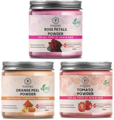 puranex 100 % Natural & Pure Rose Petals Powder For Pinkish, Soft, Pimple free, Extra Glowing & Shiny, Deep Cleansing Skin & Orange Peel Powder For Deep Cleansing, Detoxifying ,Soft, Pimple free, Glowing & Shiny Skin & Tomato Powder For Brighten up Complexion, Reduce Acne & Age Spot, Fine Line (Face Pack for Men & Women) 300 GM (Pack of 3) 100 GM Each