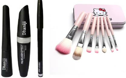 Dhaniji A Professional Eyebrow Black Pencil With Mascara & Liquid Eyeliner (Set of 3) And Makeup Brushes Set of 7 (2 Items in the set)