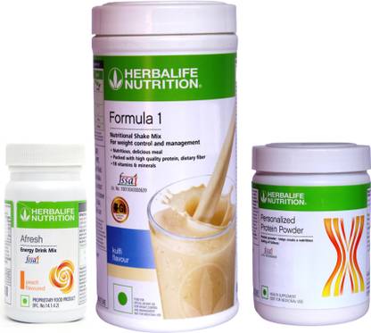 HERBALIFE Weight Loss Combo ( Afresh Energy Drink Mix - Peach Flavor + Formula 1 Nutritional Shake Mix - Kulfi Flavor + Personalized Protein Powder 200 Gram) Combo