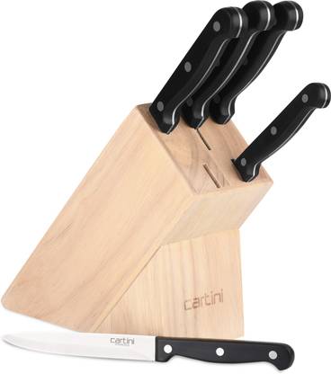 Godrej Cartini 6 Pc Stainless Steel Knife Set Set of 5 Rubber wood block set for Kitchen & Catering (Chef Knife, Bread knife, Carving Knife, Vegetable Knife, Paring Knife)