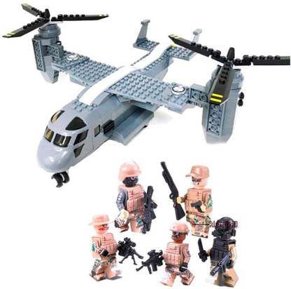 QBIC Military Modern Bell-Boeing V-22 Osprey Cargo Heliplane Transport Aircraft with Army Soldier Building Blocks Brick Set Toys for Kids
