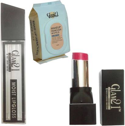 Glam21 ULTRA VELVET MATTE PINKY LIPSTICK (2.5 GM) (1 Pcs)+ 3D SHINE BRIGHT TRANSPARENT MOIST LIP GLOSS ( 5 GM)(1 Pcs) + MAKEUP REMOVER WIPES (1 Pcs)