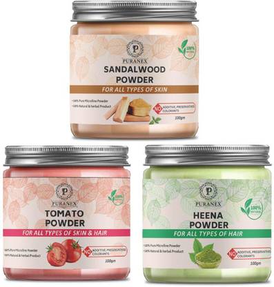 puranex 100% Natural & Pure Sandalwood Powder For Removal of Sun Tan and Dullness,Gives Natural Soft, Reducing Blemishes and Remove Acne, Glowing & Shiny Skin & Tomato Powder For Brighten up Complexion, Reduce Acne & Age Spot, Fine Line & Heena Powder For Natural Texture & Colour, Nourishment, Strong, Shiny, Silky,Healthy Scalp, Dandruff & Spilt Ends Free Hair (Face Pack & Hair Pack for Men & Women) 300 GM (Pack of 3) 100 GM Each