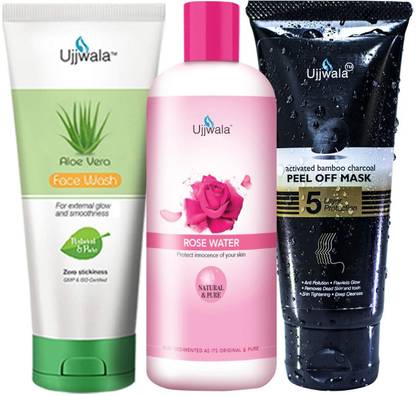 Ujjwala Natural Activated Bamboo Charcoal Peel Of Mask 50 GM + Aloevera Face Wash 50 GM and Fresh Rose Water 100 ML( Combo of 3)