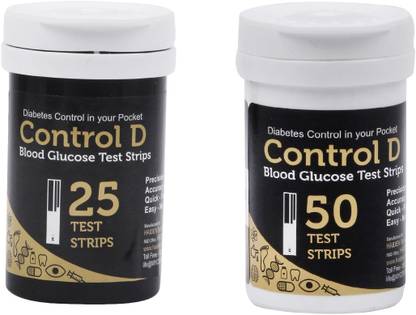 Control D Glucose Test Strips 25+50=75 (Pack of 2 with 75 Strips, Black) (Only Strips, No Glucometer) 75 Glucometer Strips