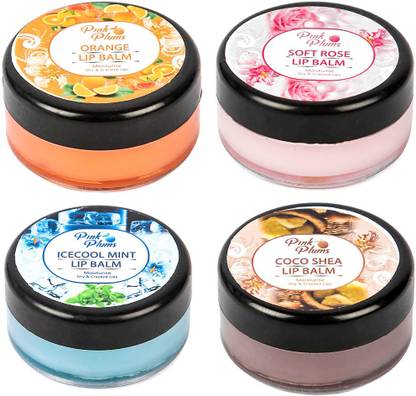 PINK PLUMS Lip Balm for Moisturise Dry & Cracked Lips, Orange, Soft rose, Icecool mint, Coco shea Combo Offer (Pack-4), Each 10g LBM423 Orange, Soft rose, Icecool mint, Coco shea
