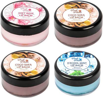 PINK PLUMS Lip Balm for Moisturise Dry & Cracked Lips, Soft Rose, Coco Shea, Coco Shea, Icecool Mint Combo Offer (Pack-4), Each 10g LBM594 Soft Rose, Coco Shea, Coco Shea, Icecool Mint