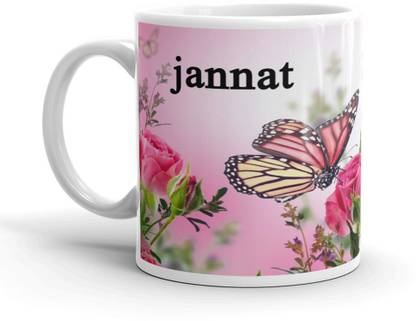 Vrantikar Jannat Name Pink Flower & Butterfly Printed Gift For Girlfriend,Wife,Sister,Friend On Birthday,Valentine Day,Rakhi , Rakshabandhan , HRJ-12 Ceramic Coffee Mug