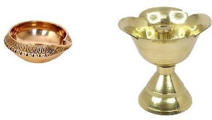 Adhvik Combo Of 1 pcs Kuber Pedi ( 1 No Small Size ) Diya With 1 Pcs Pure Brass Flower Shape ( 1 No Small Size ) Pital Deepak Brass