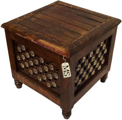 manzees Beautifull Antique Wooden Storage Stool with Brass Cutting Design Storage Stool for Living Room, Office and Bedroom Furniture (Brown, 12 X 12 X 12 Inches) Solid Wood Corner Table