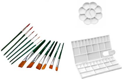 KHYATI Rectangle Box Big Colour Mxing Palette / Plate (24 Colour compartments , 12 Mixing compartments , 5 Water storing compartments) and Flower Small Colour Mixing Palette ( 8 Colour compartments, 2 Water storing compartments) with 12 Round and Flat Artist Paint Brushes