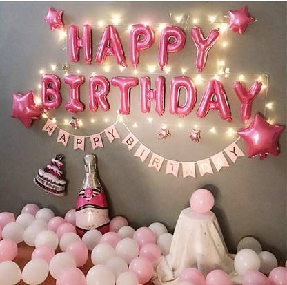 Bash N Splash Solid Pink Happy Birthday Party Decoration with Star balloon Pink white balloon & Bottle cake Balloon (Pack of 55) Balloon