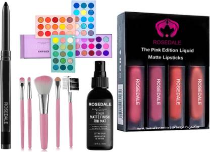 Crynn Smudge Proof Waterproof Long Lasting Rosedale Kajal & Beauty Glazed Color Board 60 Shades Eyeshadow Palette & Professional Set of 5 Makeup Brush & The Matte Fixer Face Spray & Pink Edition Liquid Matte Lipstick