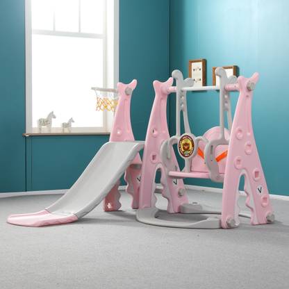 Urbancart Toddler 3-in-1 Slide and Swing playset with Basketball Hoop- Age : 1 to 6 Years (Shark -Pink)