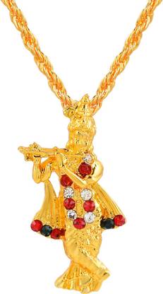 DULCI Gold Tone Colorful Gemstones Handwork Flute Playing Krishna Pendant Locket Necklace Religious Temple Jewelry for Unisex Gold-plated Cubic Zirconia Brass Pendant