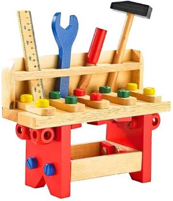 QBIC 51PCS Wooden Workbench and Tool Set for Kids Learning & Engineering Workshop Tool Table Toy for Kids