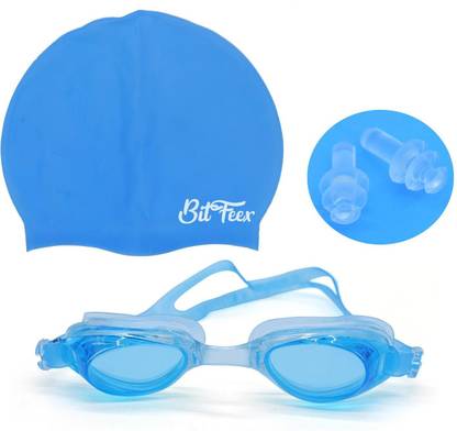 BitFeex Swimming Google , CAP , Ear plug ,Swimming Kit-SKy Blue Swimming Kit