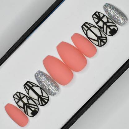 The NailzStation Matte Peach Abstract glitter Press on Nails Set in Coffin Peach, White