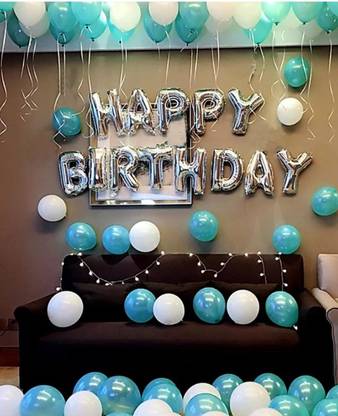 HBD Blue white and Silver theme - Happy Birthday Decorations kit - for Birthday/Party/Baby Shower/welcome home/ Season's Party Decorations - Happy Birthday Silver Foil Banner With Blue and White Metallic Balloons