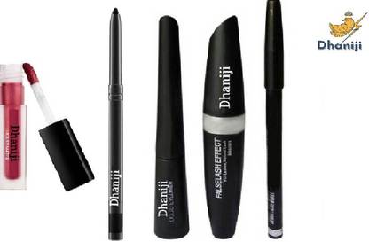 Dhaniji Professional Eyebrow Pencil Black & Liquid EyeLiner & Mascara & KaJal ( 4in1) + lipstick (5 Items in the set)