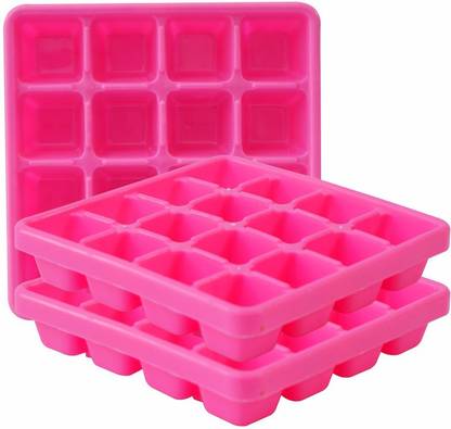 Morvi Wonder Plastic Prime 160 Ice Tray Set For Fridge, 3 pc Ice Tray with 16 Cube, Pink Color, Made In India Pink Plastic Ice Cube Tray