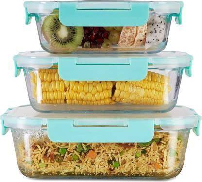 ARI Set of 3 Piece, Rectangular Microwave Oven Safe, Glass Lunch Box Storage Sealed Container with Plastic lid, Fruit Bowl (370ml, 640ml, 1040ml) 3 Containers Lunch Box