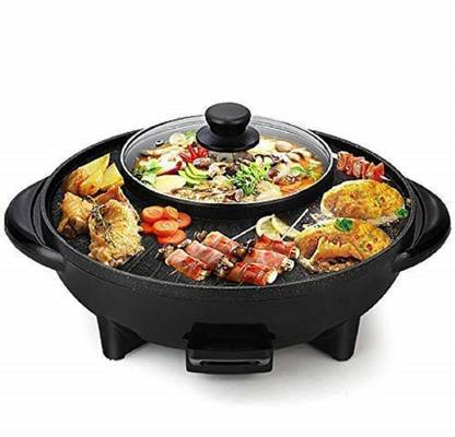 moradiya fresh 2 in 1 Electric BBQ Hotpot Korean Style Non Stick Coating Surface Smokeless Double Layer Barbecue Raclette Grill Griddle Plate Pan with Glass Lid Stir Fry Pan 36 cm diameter with Lid 2 L capacity