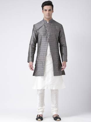 DEYANN Men Navy Blue & Off White Sherwani Set Printed Sherwani