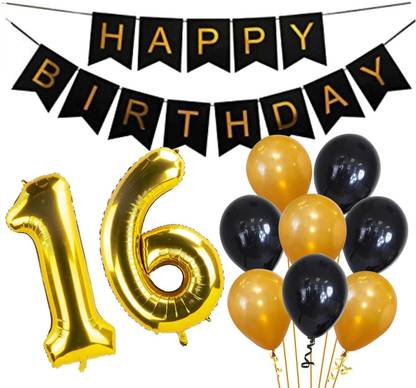 Wisdom Decor Solid 16th Birthday Party Balloons Black Happy Birthday Banner Number 16" Gold Foil Balloon Black Gold Metallic Balloon