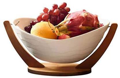 Crockeri Ceramic Serving Bowl Ceramic Multipurpose Fruit Bowl With a Wooden Basket Holder With Bamboo Base (Medium)