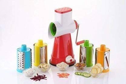 DMCREATION 4 in 1 Multi-Functional Drum Rotary Vegetable Cutter, Shredder, Grater & Slicer - Slicer Dicer with high Speed Rotary Cylinder Vegetable & Fruit Grater & Slicer (4 Drum With Cutting Blade, 1 Outer Body) Vegetable & Fruit Slicer