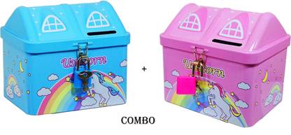 poksi Combo of Pink and blue Unicorn design Hut shape coinbanks |Includes Lock and Key|birthday party return gift Coin Bank Coin Bank