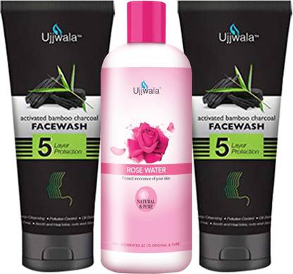 Ujjwala Natural Activated Bamboo Charcoal Face Wash 2 Pcs 50 GM Eaach and Fresh Rose Water 100 ML( Combo of 3) For Women