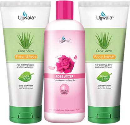 Ujjwala Natural Aloevera Face Wash 2 Pcs 50 GM Eaach and Fresh Rose Water 100 ML( Combo of 3) For Women