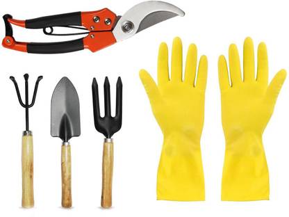 Gambit Garden Tool Combo Of Gardening Tools - Hand Cultivator, Big Trowel, Garden Fork (Set of 3) & Garden Shears Pruners Scissor & Flock line Reusable Rubber Hand Gloves (Yellow 2 tone) - 1pc Garden Tool Kit