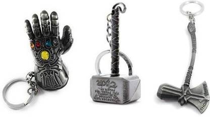 IMMUTABLE 45 -RT-REALMIE_ KEY CHAIN Combo of Avengers Infinity War Thanos Hand, Thor Hammer & Thor Axe Metallic Silver Key Chain Key Chain