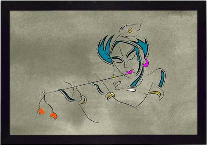 Ritwika's Abstract Outline Wall Art Of Krishna Playing Flute For Home and Office Decor Digital Reprint Digital Reprint 9.5 inch x 13.5 inch Painting