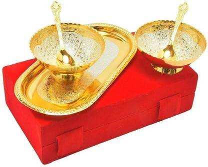 DOCTOR JAMAL BRAND Brass Golden Silver Plated Bowl Set With Spoon Diwali Gift Tray Serving Set (Pack of 5) Bowl, Spoon, Tray Serving Set