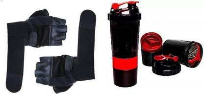 EMMKITZ Gym & Fitness Gloves (Black) with Protein Shaker | Sipper Bottle | red Gym & Fitness Gloves