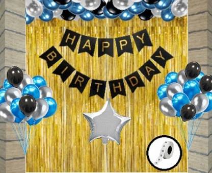 Agk Printed Amar Happy Birthday Printed Black Banner 13 Letter Combo of 47 Pcs| 2 Pcs Gold Fringe Shiny Curtains | 30 Pcs Metallic Blue, Silver and Black Balloons |1 Pcs Silver Star | 1 Pcs Strong Glue Dots Roll (Combo Of 47 Pcs Birthday Decoration Kit) Balloon