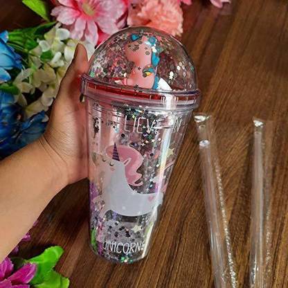 Innovegic Attractive Unicorn Printed Glitter Tumbler with Lid & Straw Glass Water/Juice Glass