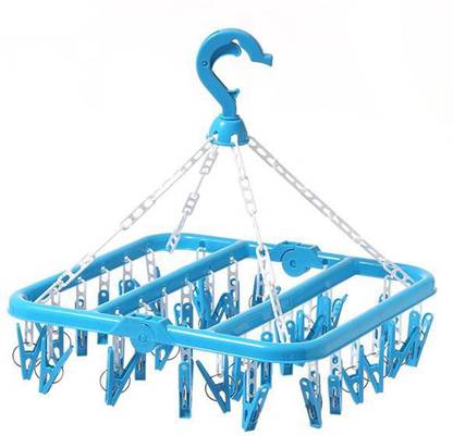 IndoWare Foldable Cloth Hanger with 28 Clips Laundry Drip Drying Hanger Rack Plastic Clothes Hanger for Socks Towels Underwear Bras Diapers Baby Clothes Pants Gloves Plastic Cloth Clips