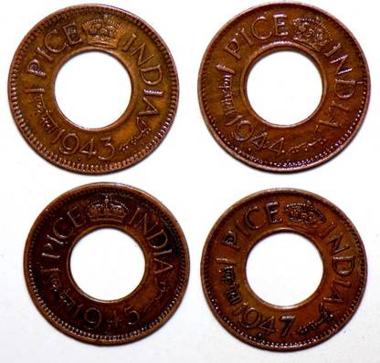 Hariom 1943-44-45-47 - VICTORIA BRITISH INDIA FOUR HOLE COINS COPPER COIN WT- 2.80 GRAMS EACH Medieval Coin Collection