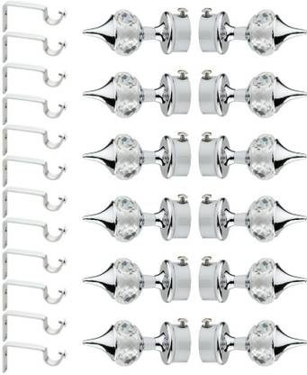 GLOXY Silver Rod Rail Bracket, Curtain Knobs, Curtain Hooks, Curtain Rods Metal