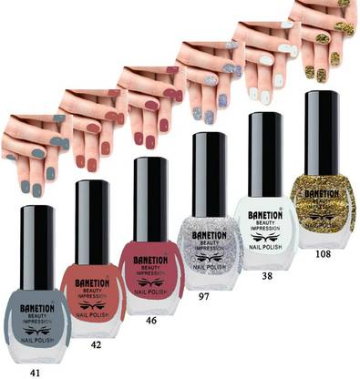 Banetion Hi-gloss Exclusive Trendy colors Nail polish For Girls & Women(6 piece)) Shadow grey,Tiger stripe,silver,Fashion red,snow white,golden sparkle
