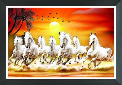 FRIZZY ARTS Seven horse lucky paintings | Lucky painting| Vastu photo frame| Vastu paintings Digital Reprint 14 inch x 20 inch Painting