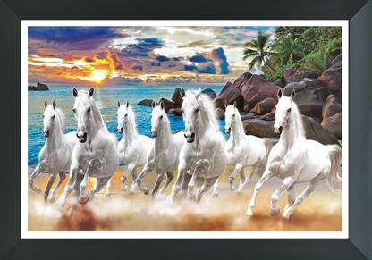 FRIZZY ARTS Seven white horse | Seven horse lucky paintings | Lucky painting | Vastu photo frame | Vastu paintings | Seven horse vastu photo frame | Seven horse | Sun Set | Digital Reprint 14 inch x 20 inch Painting