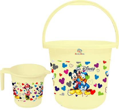 Heart Home Disney Team Mickey Print 2 Pieces Unbreakable Virgin Plastic Bathroom Bucket With Mug Set- Cream, (1 Pc 16 LTR Bucket & 1 Pc 500 ML Mug) -HS_35_ 17486 16 L Plastic Bucket